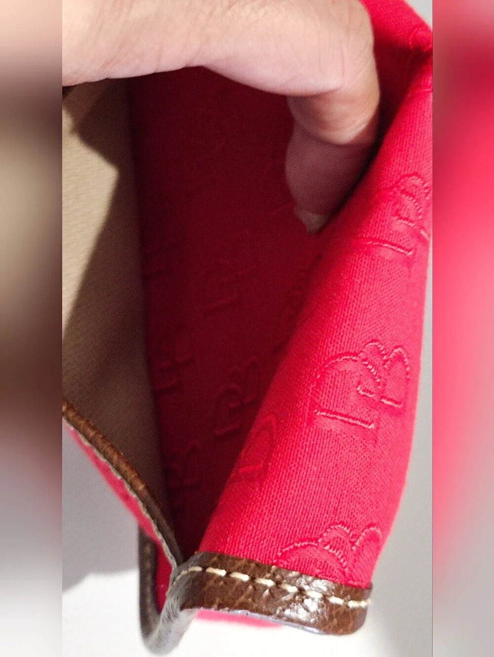 Dooney & Bourke Red Monogram Wristlet Pouch Brown Trim Smal Clutch Wallet.